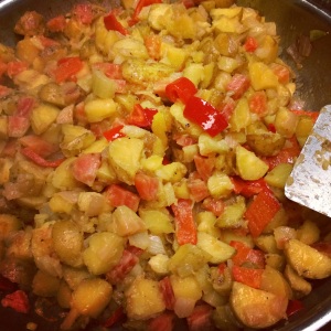 October Hash: Cubed "Yukon Gem" Potatoes, "Chioggia" Beets, Fennel, Torpedo Onion, and "Lipstick" Peppers. 