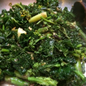 After Easter, my kids were begging for healthy food, "like greens". So, I mixed up the last bunch of broccolini, the last bunch of curly kale, and a small bundle of asparagus. With garlic and olive oil. Hits the spot!